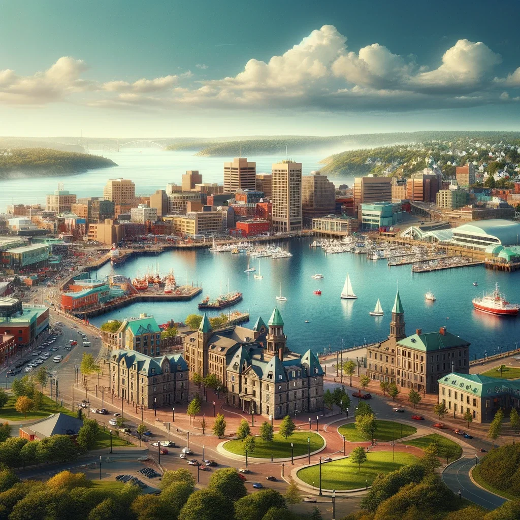 a scenic view of Halifax, Nova Scotia. It showcases the city's iconic waterfront, historic buildings, and bustling harbor.