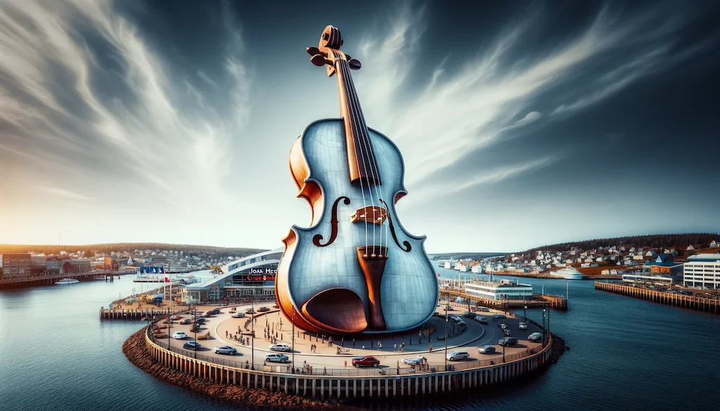 The image showcases the large fiddle sculpture at the Joan Harriss Cruise Pavilion, symbolizing the town's rich musical heritage, set against the harbor's bustling backdrop.