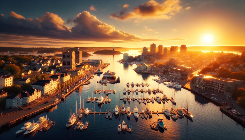 A panoramic view of the Sydney waterfront at sunset, with a golden glow over the water and boats docked at the marina.